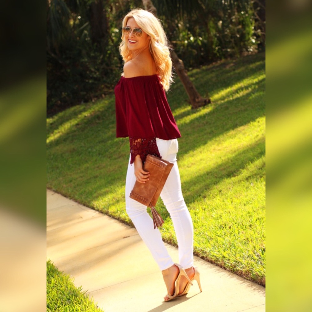 Off the shoulder burgundy top